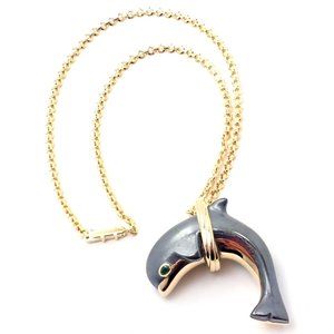 Rare! Authentic Cartier 18k Yellow Gold Hematite Dolphin Pendant Link Necklace